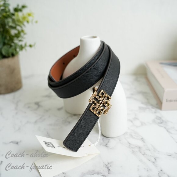 Tory Burch Britten Logo Reversible 1" Width Belt 141739 Black/Classic Tan - Picture 2 of 5
